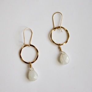 Gold Fill Small Hammered Ring Moonstone Drop Earrings